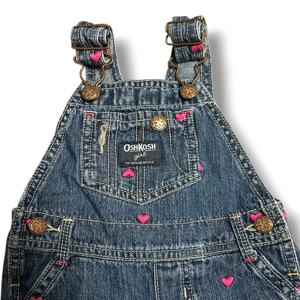 OshKosh B'Gosh Embroidered Vestbak Bib Overalls Cotton Dark Wash Hearts 9 Mos